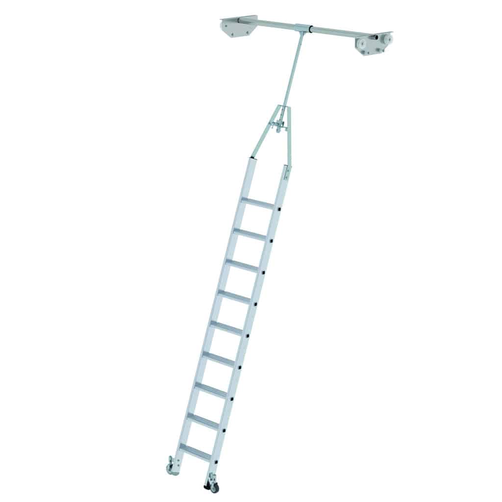 - Stufen-Regalleiter drehbar für Doppelregal – 80 mm tiefe, geriffelte Stufen