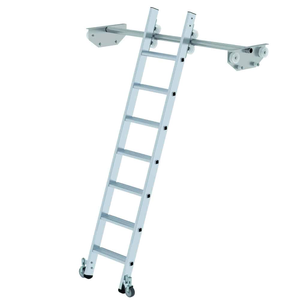 - Stufen-Regalleiter fahrbar für Doppelregal – Stufen-Regalleiter aus Aluminium