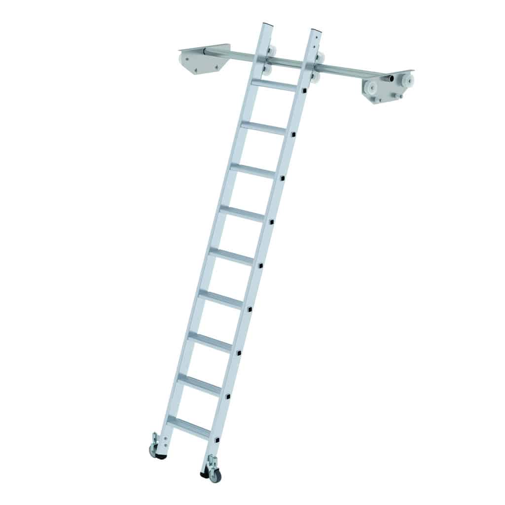 - Stufen-Regalleiter fahrbar für Doppelregal – 80 mm tiefe, geriffelte Stufen