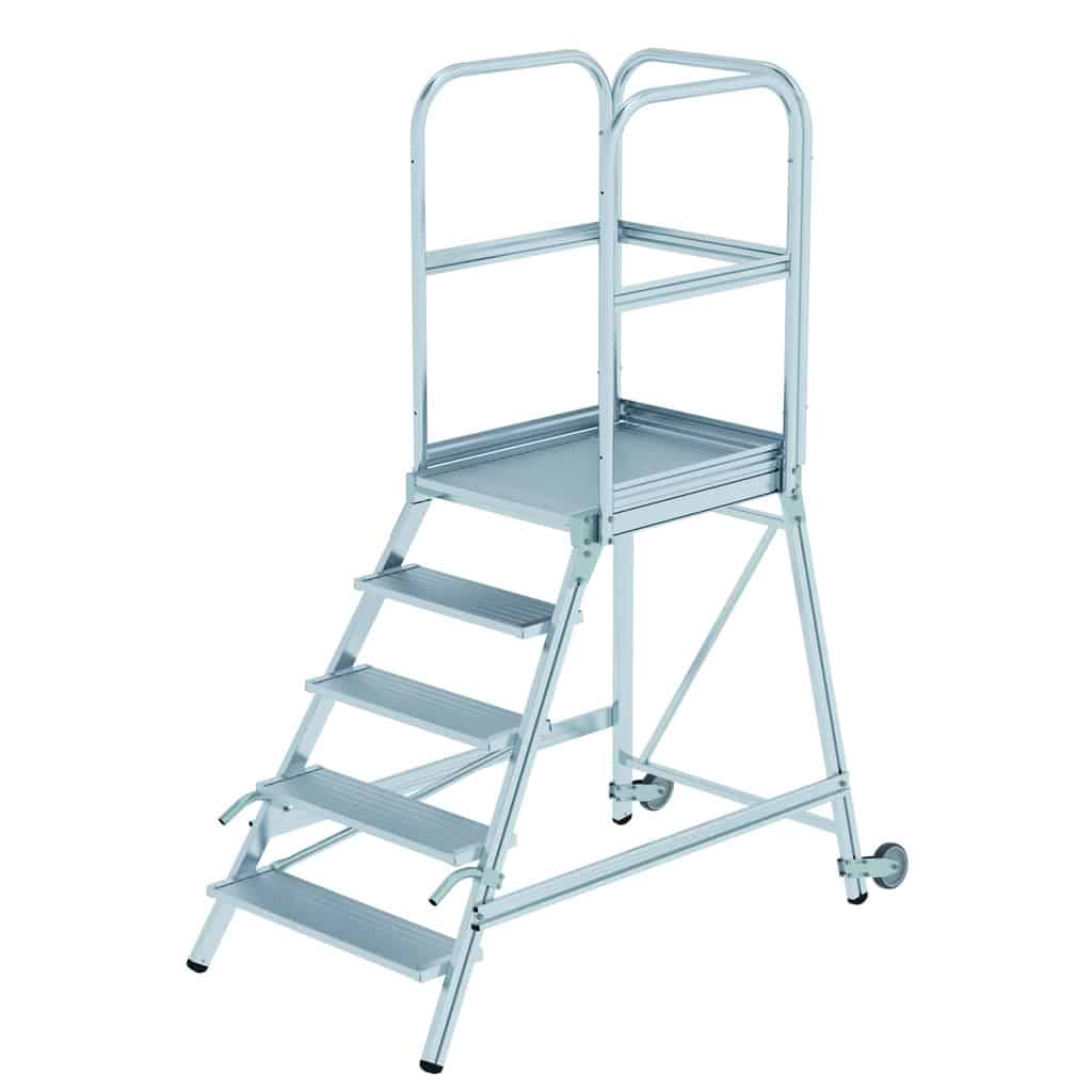 - Podesttreppe einseitig begehbar mit Rollen und Griffen – Einseitig begehbare Podesttreppe aus Aluminium