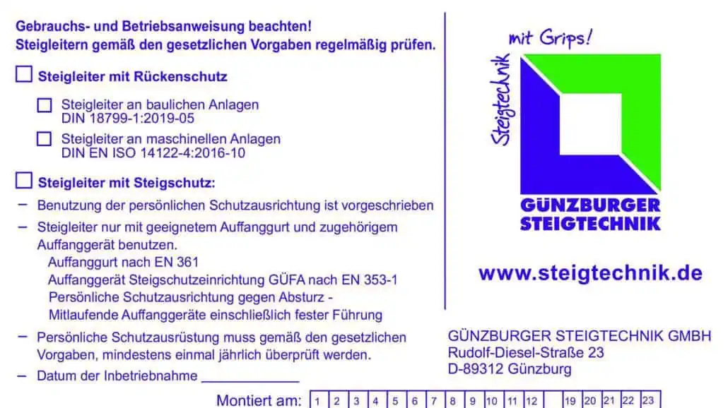Kennzeichnungsschild für Steigschutzeinrichtung f. Steigschutz