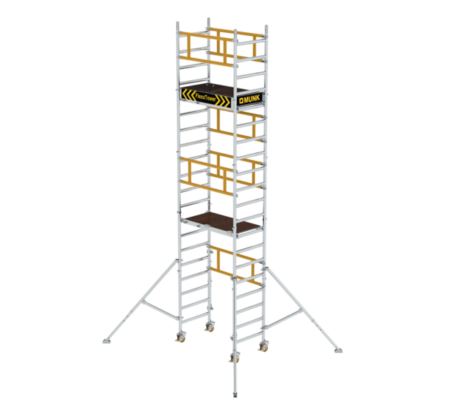 Hochwertige mobile Gerüsttreppe aus Aluminium, ideal für sichere Arbeiten in der Höhe, leicht zu transportieren und stabil. Perfekt für Bau, Wartung und Renovierung.