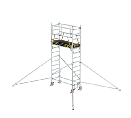 Hochwertiges Rollgerüst für professionelle Bau- und Renovierungsarbeiten, leicht zu transportieren und stabil. Perfekt für sichere Arbeiten in der Höhe auf Baustellen und bei Renovierungen.
