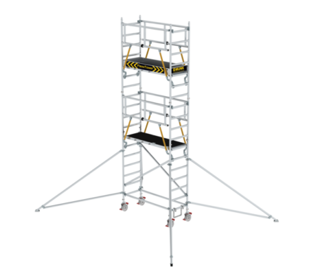 Hochwertiges Rollgerüst mit integrierter Treppe, ideal für Bau- und Renovierungsarbeiten, bietet stabile Plattformen und einfache Mobilität für sichere Höhenarbeit.