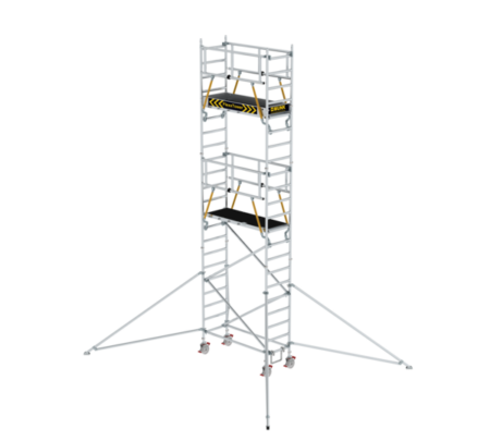 Hochwertiges Rollgerüst mit integrierter Treppe, ideal für Bau- und Renovierungsarbeiten in der Höhe, bietet sichere Plattformen und stabile Konstruktion für professionelle Nutzung.