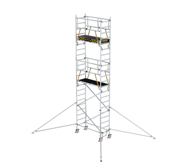 Hochwertiges Rollgerüst mit integrierter Treppe, ideal für Bau- und Renovierungsarbeiten in der Höhe, bietet sichere Plattformen und stabile Konstruktion für professionelle Nutzung.