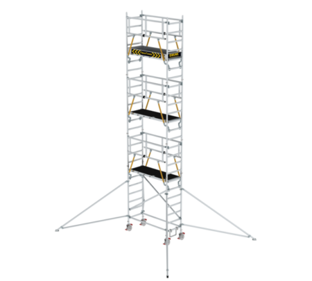 Hochwertiger Baugerüstturm aus Aluminium, ideal für professionelle Arbeiten in der Höhe, mit stabilen Plattformen und sicheren Geländern, geeignet für Baustellen und Renovierungen.