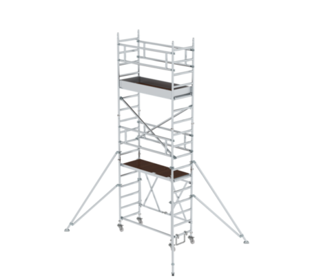 Leichtes Aluminiumgerüst für Bau- und Renovierungsarbeiten, ideal für sichere Höhenarbeit. Robuste Konstruktion mit stabilen Plattformen und Sicherheitsgeländern.