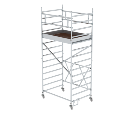 Mobile Gerüsttreppe mit Plattform, ideal für Bauarbeiten und Wartungsarbeiten, bietet sichere Aufstiegshilfe auf verschiedenen Baustellen.