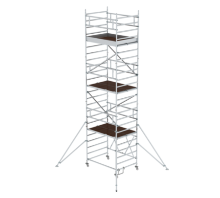 Hochwertiger Baugerüstturm aus Aluminium mit stabilen Plattformen, ideal für professionelle Bau- und Renovierungsarbeiten. Leicht, sicher und einfach aufzubauen.