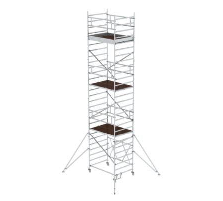 Hochwertiges Rollgerüst aus Aluminium, ideal für Bau- und Renovierungsarbeiten, mit stabilen Plattformen und sicheren Geländern für maximale Sicherheit und Flexibilität bei Arbeiten in der Höhe.