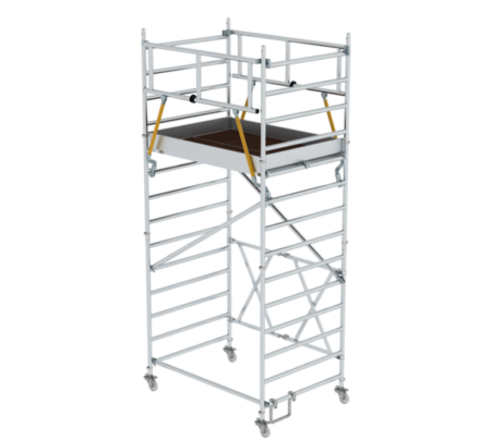 Hochwertiges Aluminiumgerüst für Bau- und Renovierungsarbeiten, leicht, stabil und vielseitig einsetzbar. Perfekt für professionelle Handwerker und Heimwerker.