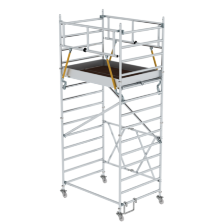 Hochwertiges Aluminiumgerüst für Bau- und Renovierungsarbeiten, leicht, stabil und vielseitig einsetzbar. Perfekt für professionelle Handwerker und Heimwerker.