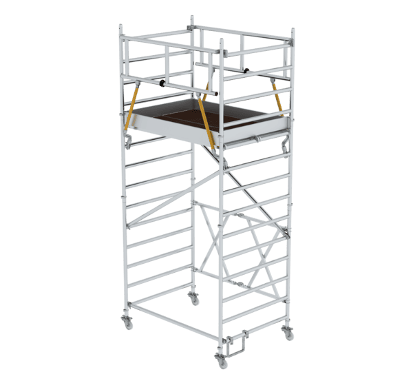 Hochwertiges Aluminiumgerüst für Bau- und Renovierungsarbeiten, leicht, stabil und vielseitig einsetzbar. Perfekt für professionelle Handwerker und Heimwerker.
