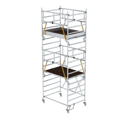 Hochwertiges Aluminiumgerüst mit mehreren Plattformen, ideal für Renovierungen und Bauprojekte. Leicht, stabil und flexibel einsetzbar für professionelle Arbeiten in der Höhe.