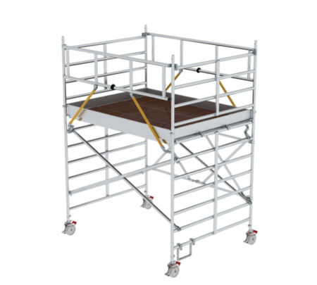 Mobile Gerüstbühne aus Aluminium, ideal für Bau- und Renovierungsarbeiten in der Höhe, mit stabiler Plattform und sicheren Geländern für maximale Sicherheit.