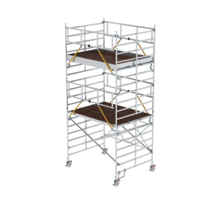 Hochwertiges Aluminiumgerüst, ideal für Bau- und Renovierungsarbeiten, mit stabilen Plattformen und Rollen für einfache Mobilität. Perfekt für professionelle Handwerker und Heimwerker.