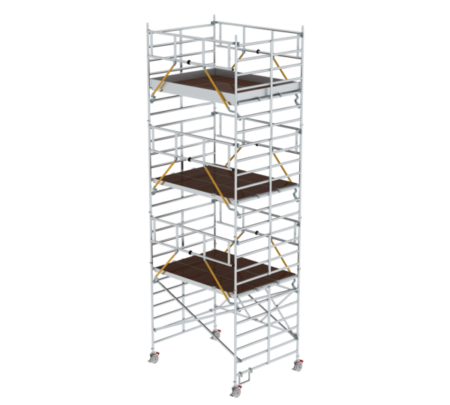 Aluminiumgerüst mit mehreren Plattformen, ideal für Bau- und Renovierungsarbeiten, leicht, stabil und flexibel einsetzbar für verschiedene Höhen.