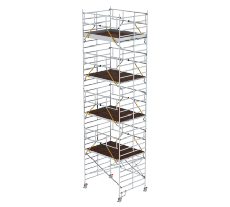 Hochwertiger Baugerüstturm aus Aluminium mit mehreren Plattformen, ideal für professionelle Bau- und Renovierungsarbeiten. Sicher, stabil und leicht zu transportieren.
