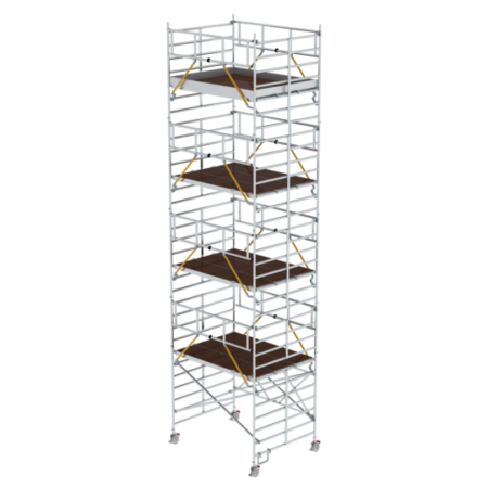 Hochwertiger Baugerüstturm aus Aluminium mit mehreren Plattformen, ideal für professionelle Bau- und Renovierungsarbeiten. Sicher, stabil und leicht zu transportieren.