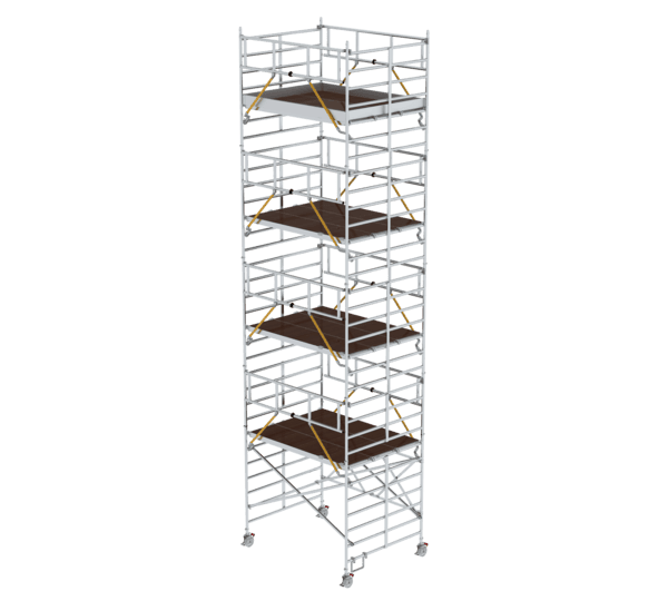 Hochwertiger Baugerüstturm aus Aluminium mit mehreren Plattformen, ideal für professionelle Bau- und Renovierungsarbeiten. Sicher, stabil und leicht zu transportieren.