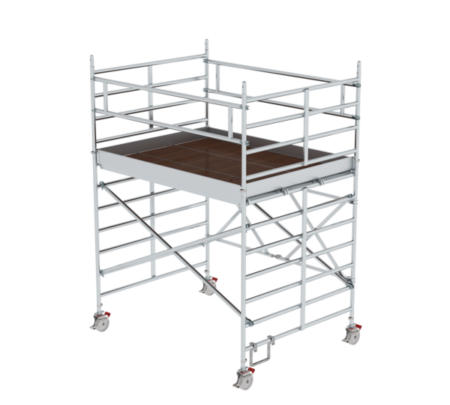 Leichtes Aluminiumgerüst mit rutschfesten Rollen, ideal für Bau- und Renovierungsarbeiten, bietet sichere Arbeitsplattform in verschiedenen Höhen.