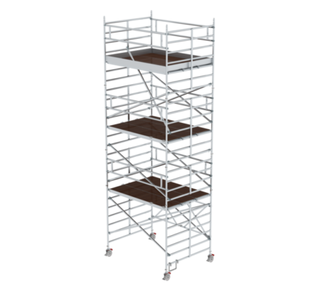 Aluminiumgerüst mit Holzplattformen, ideal für Renovierungs- und Bauarbeiten, bietet sichere Arbeitshöhe und stabile Plattformen für professionelle Handwerker.