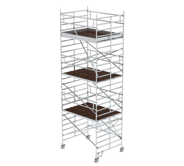 Aluminiumgerüst mit Holzplattformen, ideal für Renovierungs- und Bauarbeiten, bietet sichere Arbeitshöhe und stabile Plattformen für professionelle Handwerker.