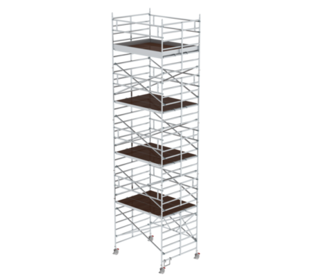 Robustes Rollgerüst aus Aluminium mit mehreren Plattformen, ideal für professionelle Bau- und Renovierungsarbeiten, einfache Mobilität und sichere Nutzung.