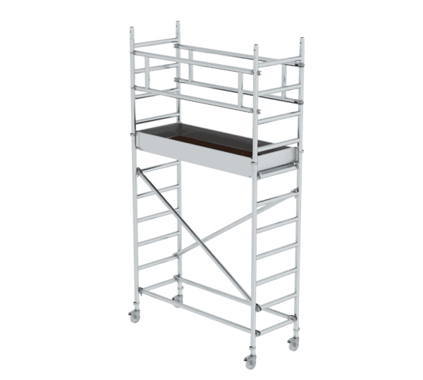Leichtes Aluminiumgerüst mit Sicherheitsgeländern, ideal für Bau- und Renovierungsarbeiten, bietet stabile Plattformen und flexible Einsatzmöglichkeiten.