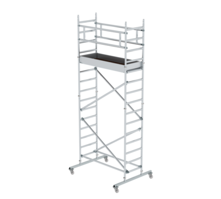 Aluminiumgerüst auf Baustelle, mobile Arbeitsbühne, ideal für Renovierungen und Wartungsarbeiten.