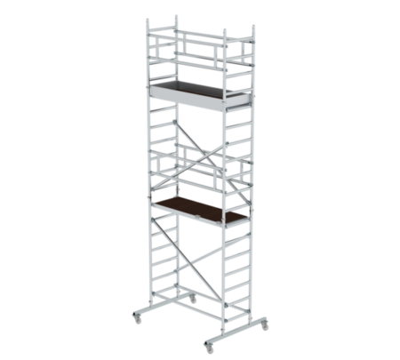 Leichtes Aluminiumgerüst auf Rollen, ideal für flexible Bau- und Renovierungsarbeiten in verschiedenen Höhen.