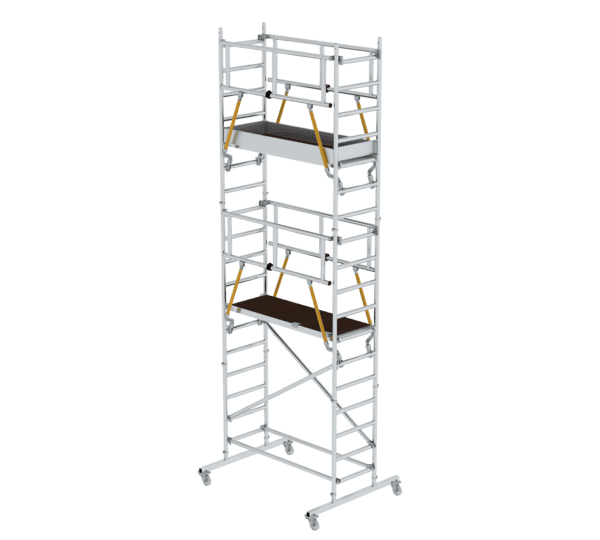 Mobile Gerüsttreppe aus Aluminium mit Plattformen und Rollen, ideal für sichere Höhenarbeit auf Baustellen und in Werkstätten.
