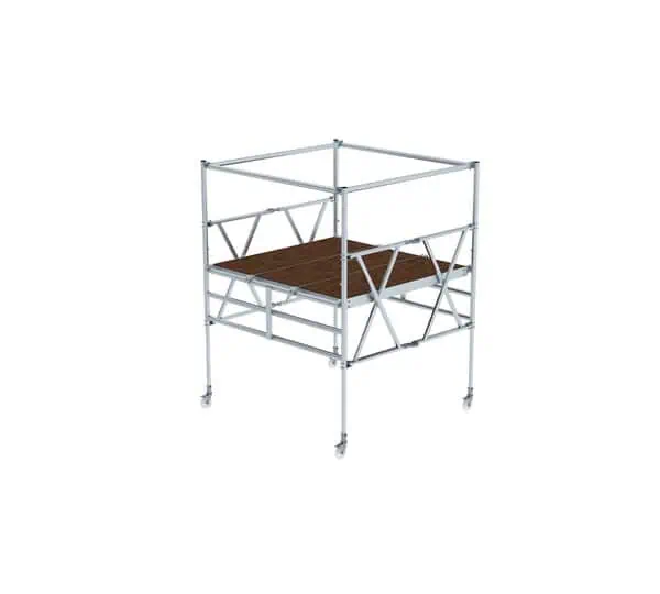 Mobile Gerüst mit Holzplattform, ideal für Bau- und Renovierungsarbeiten, bietet stabile Arbeitsfläche und Sicherheit. Perfekt für professionelle Handwerker und Heimwerker.