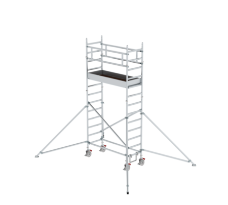 Mobile Arbeitsbühne und Gerüst für Bau- und Renovierungsarbeiten, leicht zu transportieren und stabil. Perfekt für sichere Höhenarbeiten im Innen- und Außenbereich.