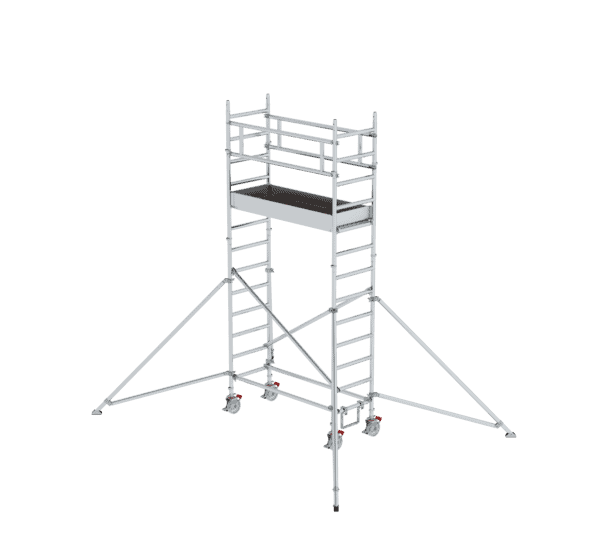 Mobile Arbeitsbühne und Gerüst für Bau- und Renovierungsarbeiten, leicht zu transportieren und stabil. Perfekt für sichere Höhenarbeiten im Innen- und Außenbereich.