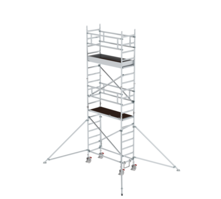 Mobile Gerüsttreppe mit stabiler Konstruktion, ideal für Bau- und Renovierungsarbeiten, leicht zu transportieren und sicher zu verwenden. Perfekt für den sicheren Zugang in der Höhe.