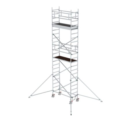 Hochwertiges Baustellen-Gerüst mit Treppe, ideal für Renovierungsarbeiten, Fassadenarbeiten und Wartungsarbeiten. Stabil, sicher und leicht zu transportieren.