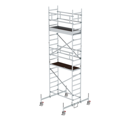 Hochwertiges Aluminiumgerüst für professionelle Bau- und Renovierungsarbeiten, leicht, stabil und vielseitig einsetzbar. Perfekt für sichere Höhenarbeiten auf Baustellen.
