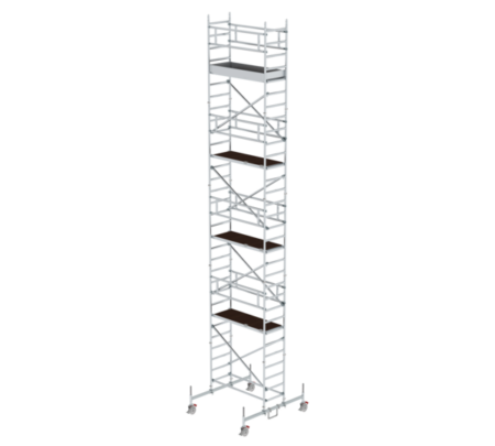 Robustes, mobiles Rollgerüst aus Aluminium mit mehreren Plattformen, ideal für Renovierungen und Bauprojekte. Leicht, stabil und einfach zu transportieren für sichere Arbeitshöhen.