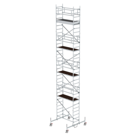 Robustes, mobiles Rollgerüst aus Aluminium mit mehreren Plattformen, ideal für Renovierungen und Bauprojekte. Leicht, stabil und einfach zu transportieren für sichere Arbeitshöhen.