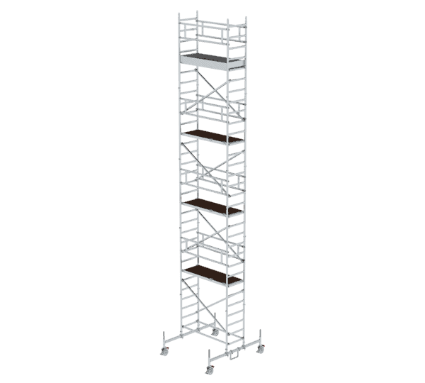 Robustes, mobiles Rollgerüst aus Aluminium mit mehreren Plattformen, ideal für Renovierungen und Bauprojekte. Leicht, stabil und einfach zu transportieren für sichere Arbeitshöhen.