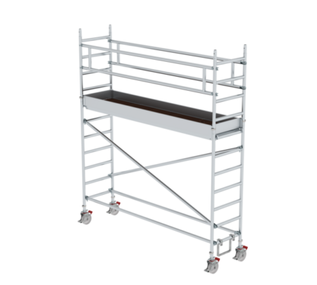 Aluminium Gerüst mit Rollen, ideal für Renovierungen und Bauprojekte, leicht zu transportieren und stabil. Perfekt für professionelle und private Anwendungen im Hochbau.