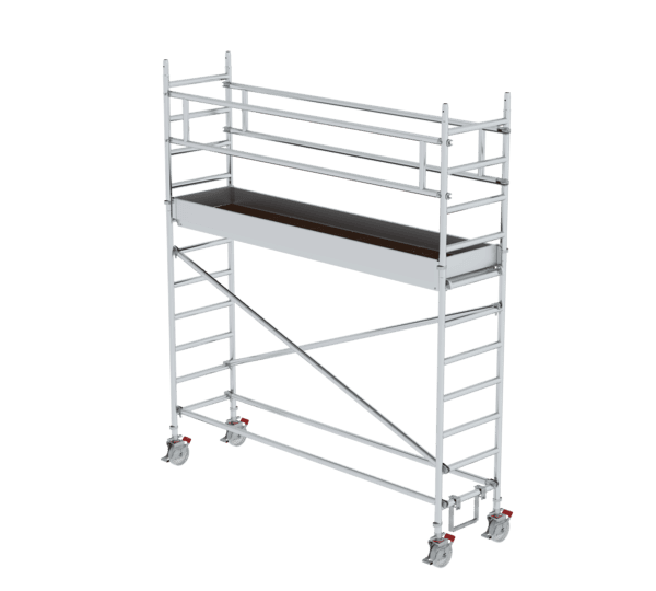 Aluminium Gerüst mit Rollen, ideal für Renovierungen und Bauprojekte, leicht zu transportieren und stabil. Perfekt für professionelle und private Anwendungen im Hochbau.