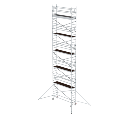 Stabiles, weißes Rollgerüst auf Baustelle, ideal für Arbeiten in der Höhe, leicht zu transportieren und aufzubauen, perfekt für professionelle Bau- und Renovierungsprojekte.