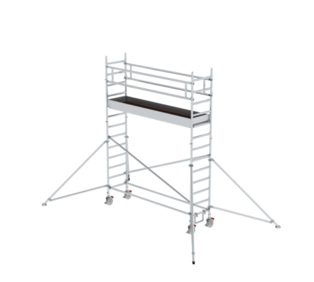 Mobile Gerüstbühne aus Aluminium mit Sicherheitsgeländern, ideal für Bau- und Renovierungsarbeiten, leicht zu transportieren und stabil.