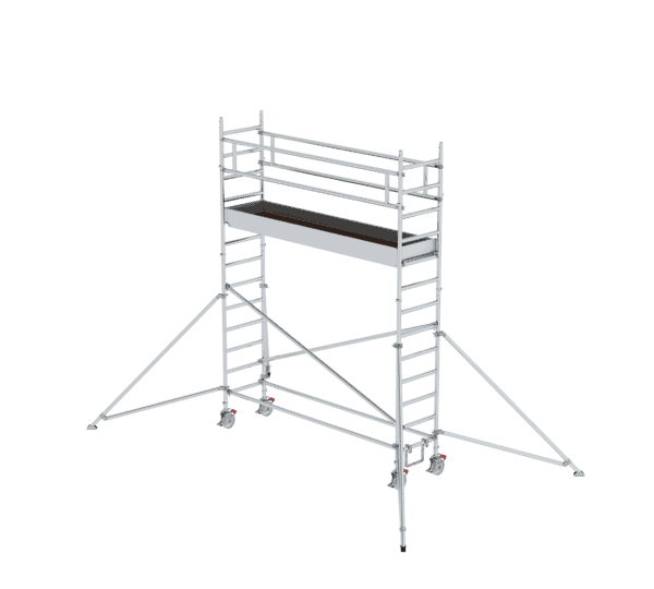 Mobile Gerüstbühne aus Aluminium mit Sicherheitsgeländern, ideal für Bau- und Renovierungsarbeiten, leicht zu transportieren und stabil.