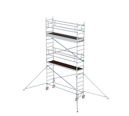 Hochwertiges Rollgerüst für Bauarbeiten, leicht zu transportieren und stabil, ideal für Renovierungen und Fassadenarbeiten.