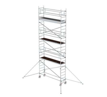 Robustes, mobiles Rollgerüst aus Aluminium mit mehreren Plattformen, ideal für Renovierungen und Fassadenarbeiten, bietet sichere Arbeitshöhe und einfache Handhabung.
