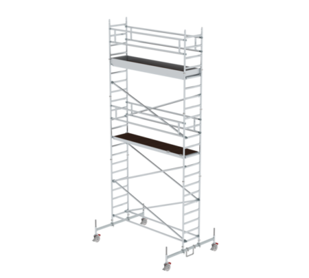 Hochwertiges Aluminiumgerüst mit integrierter Treppe, ideal für Bau- und Wartungsarbeiten, leicht zu transportieren und stabil für sichere Arbeitshöhen.